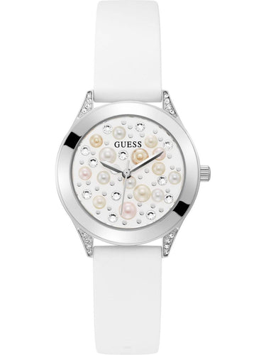 Guess Damen Armbanduhr Pearl 36 mm Perlen und Strasssteine auf dem Zifferblatt Armband Silicone GW0381L1